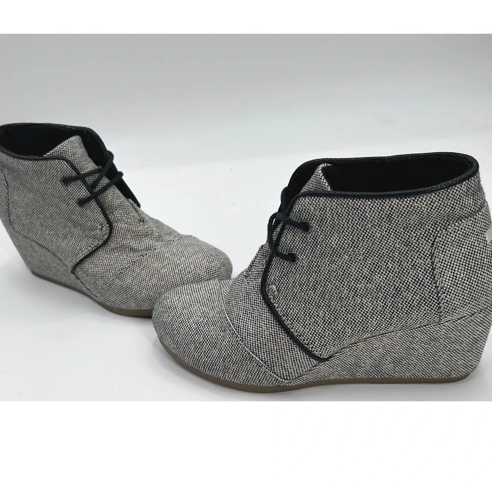 Toms Desert Wedge Linen Tweed Black White Metallic Gold Lace-up Ankle Bootie 7